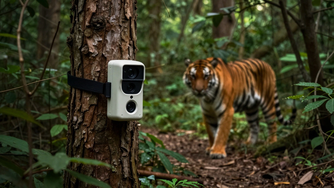 Фотоловушка на дереве в лесу, фиксирующая амурского тигра