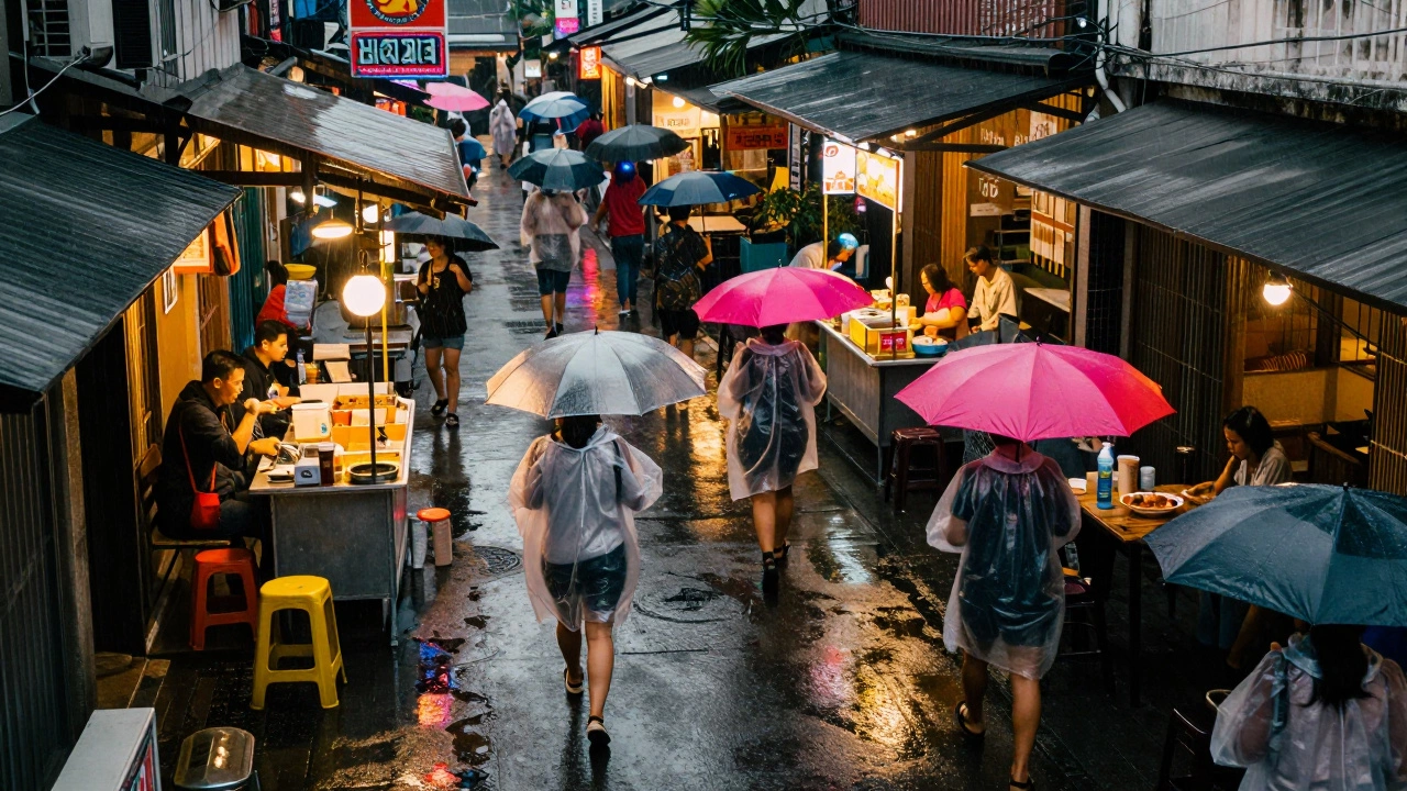 Городская улица в Азии с людьми под цветными зонтами во время дождя
