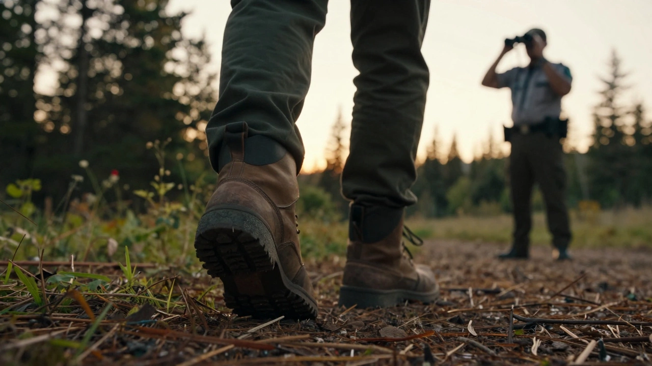 Походный ботинок на чистой лесной почве и силуэт инспектора заповедника на фоне заката