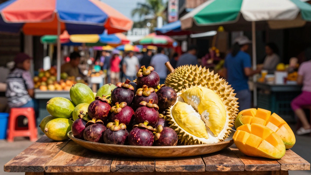 Разноцветные экзотические фрукты на столике шумного уличного рынка
