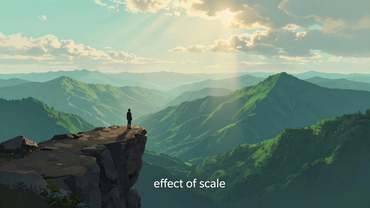 Силуэт человека на вершине горы, смотрящего на бескрайние хребты