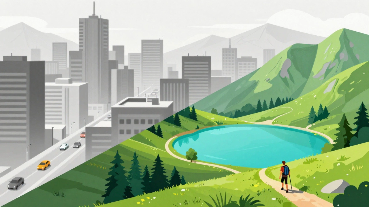 Сравнение серого шумного города и яркого зеленого горного пейзажа с альпийским озером