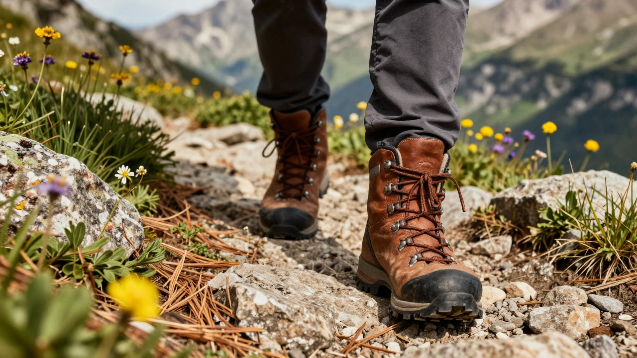 Треккинговые ботинки на каменистой горной тропе среди альпийских цветов