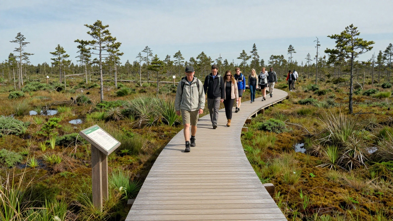 Туристы идут по оборудованной деревянной экотропе в зеленом природном массиве