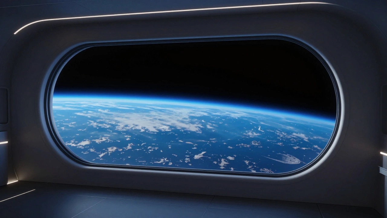Вид на Землю из окна футуристического космического корабля