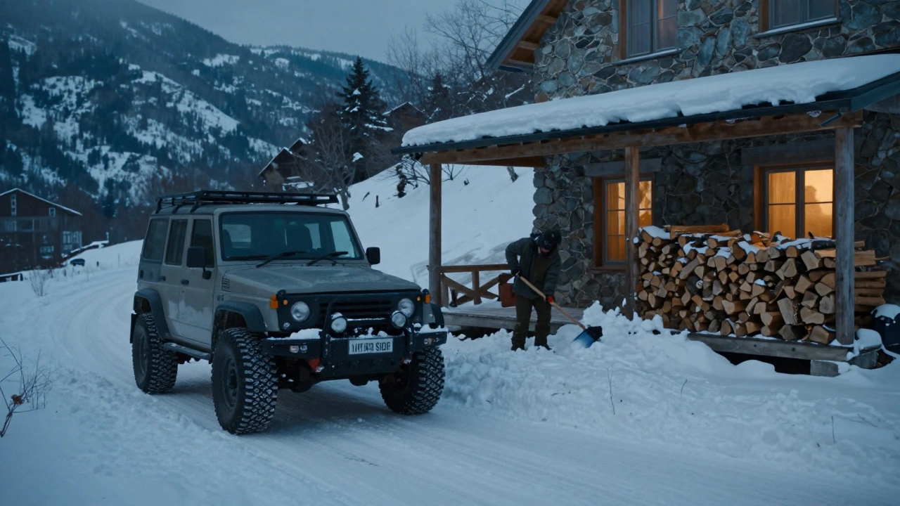 Внедорожник и человек, расчищающий снег у загородного дома в горах зимой
